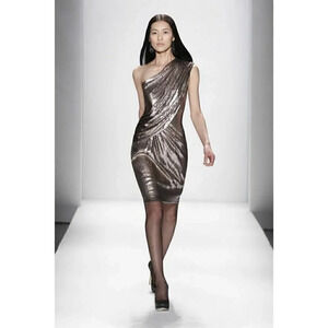 Tadashi Shoji Size 8 Gold Bronze Sequin One Shoulder Draped Evening Dress